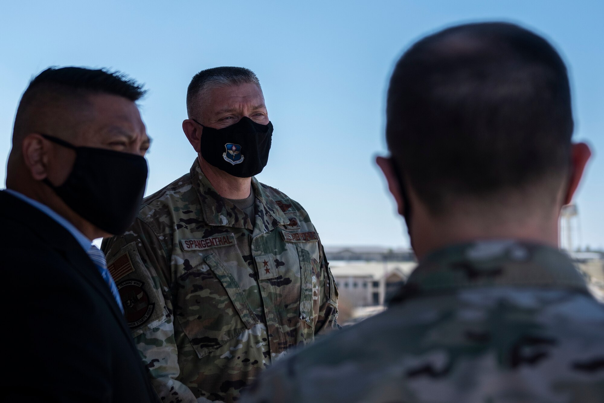 Maj. Gen. William Spangenthal, Air Education and Training Command deputy commander, looks over the base from the air traffic control tower at Laughlin Air Force Base, Texas, Feb. 8, 2021. Laughlin Air Force Base is the largest primary pilot training base in the United States Air Force. It is used as a first-step for Air Force pilots to get hands-on flying training with the T-6A Texan II, T-1 Jayhawk, or T-38C Talon. (U.S. Air Force photo by Airman 1st Class David Phaff)