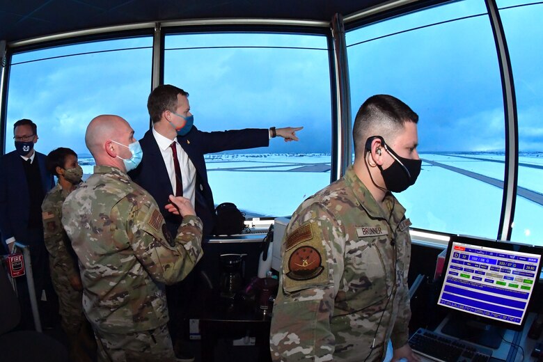 Lt. Col. Joseph Michaels (center), 75th Operations Support Squadron commander, explains air traffic control operations to Utah Rep. Blake Moore and Hill leadership during a visit to the air traffic control tower at Hill Air Force Base, Utah, Feb. 16, 2021.