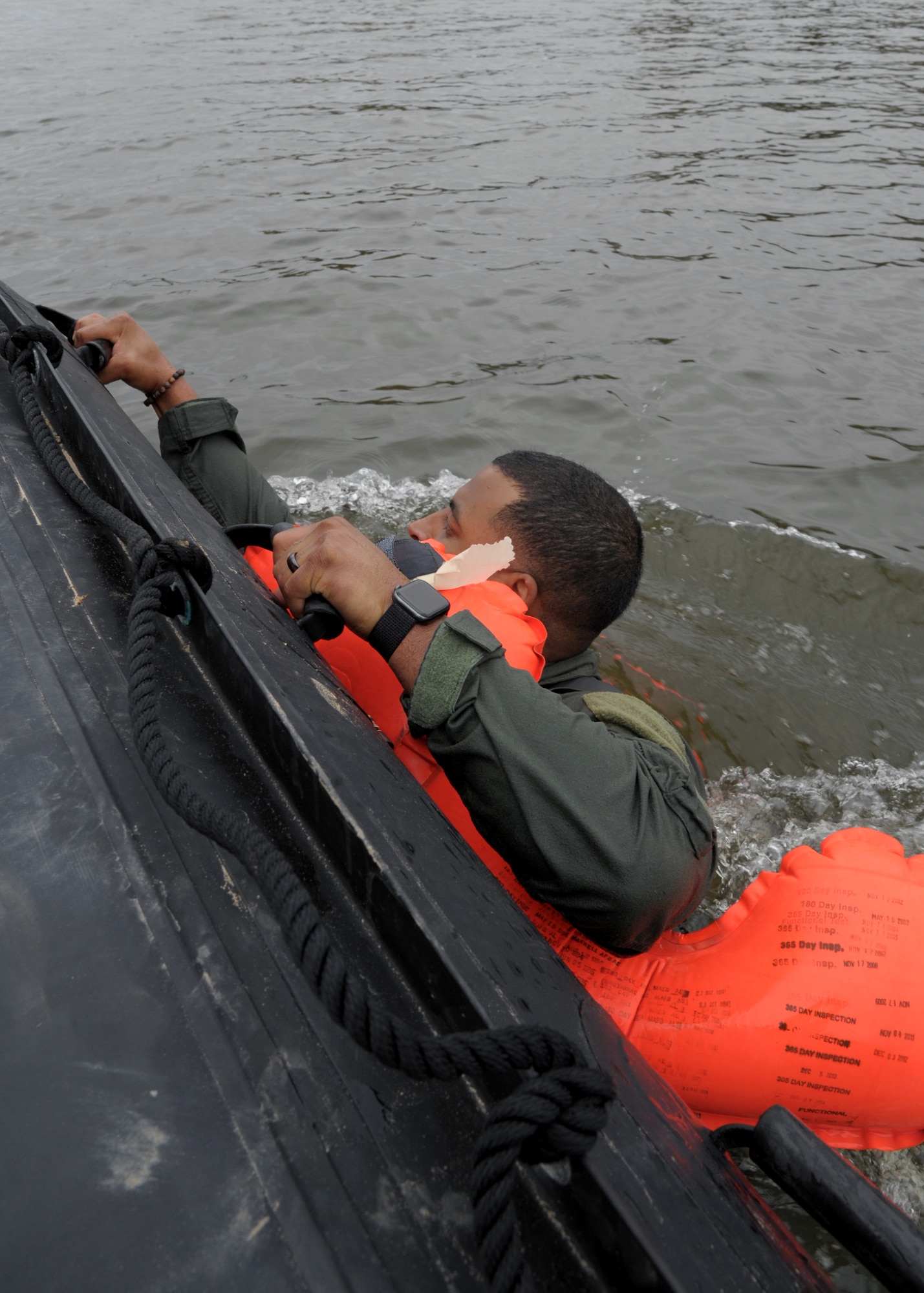 Technical Sgt. Christopher Adams, 908th Operations Support Squadron loadmaster, dives into the Alabama River Nov. 8, 2020, at Maxwell Air Force Base, Alabama.