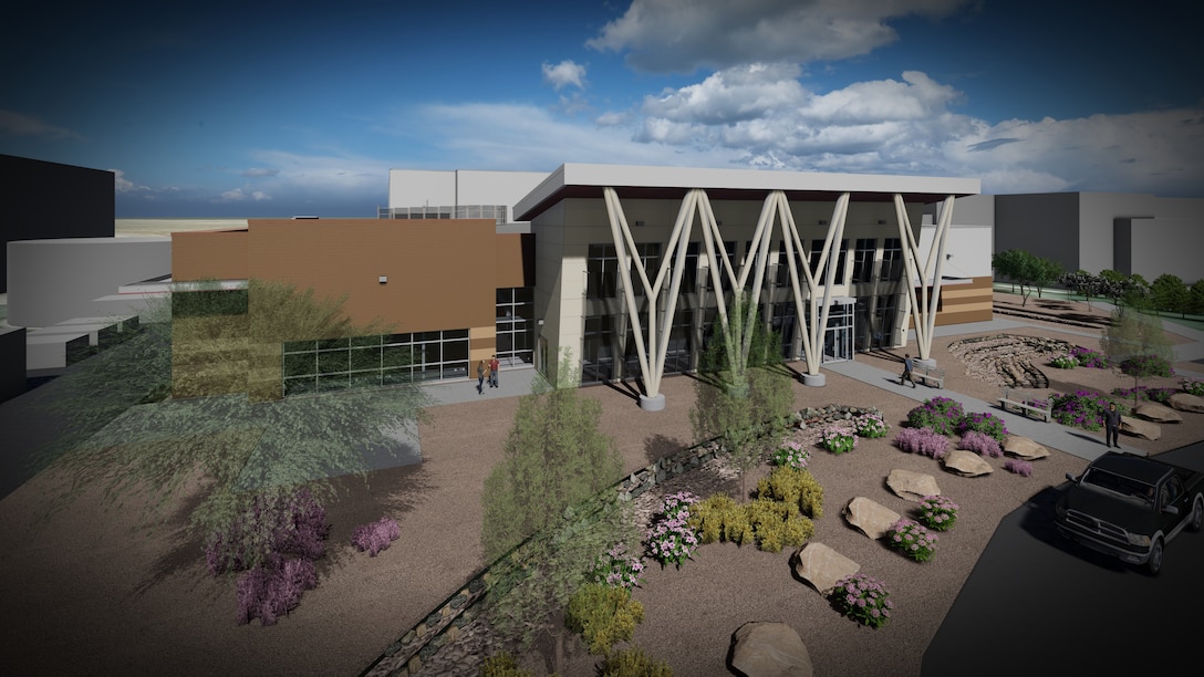 Pictured is an artist rendering of the Joint Simulation Environment facility at Edwards Air Force Base, California. Officials broke ground for the facility during a Feb. 18 ceremony at the base. The $34.4-million-dollar project is slated for completion by the end of August 2022.