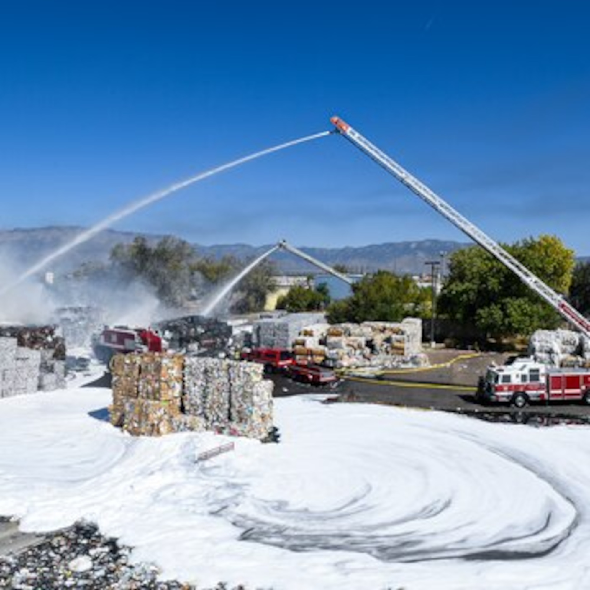 Firefighters from Kirtland Air Force Base, New Mexico, respond to a fire in Albuquerque.