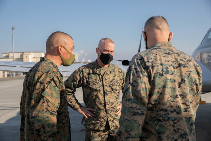 U.S. Marine Corps Lt. Gen. H. Stacy Clardy, III Marine Expeditionary Force commanding general, arrives at Marine Corps Air Station Iwakuni during MEFEX 21.