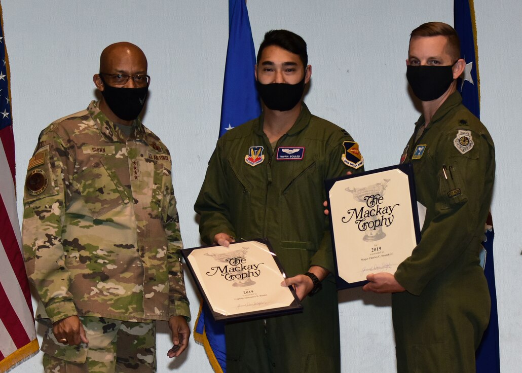 A photo of Air Force Chief of Staff, Gen. Charles Q. Brown and the recipients of the 2019 MacKay trophy for most meritorious flight.
