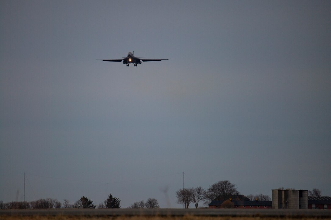 A B-1B Lancer assigned to the 9th Expeditionary Bomb Squadron prepares to land at Ørland Air Force Station, Norway, in support of a Bomber Task Force deployment, Feb. 22, 2021. Approximately 200 Airmen and four B-1’s deployed to Norway in support of BTF exercises designed to prepare them to operate, integrate and present a unified force with ally and partner nations whenever called upon. (U.S. Air Force photo by Airman 1st Class Colin Hollowell)