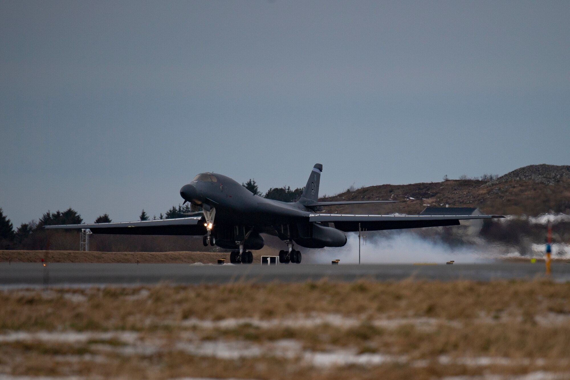 A B-1B Lancer assigned to the 9th Expeditionary Bomb Squadron arrives at Ørland Air Force Station, Norway, in support of a Bomber Task Force deployment, Feb. 22, 2021. The 9th EBS is the first bomber squadron to deploy to and operate out of Norway. Norway is a key U.S. ally in the Arctic and North Atlantic region, and a strong partner in fostering regional security and prosperity. (U.S. Air Force photo by Airman 1st Class Colin Hollowell)
