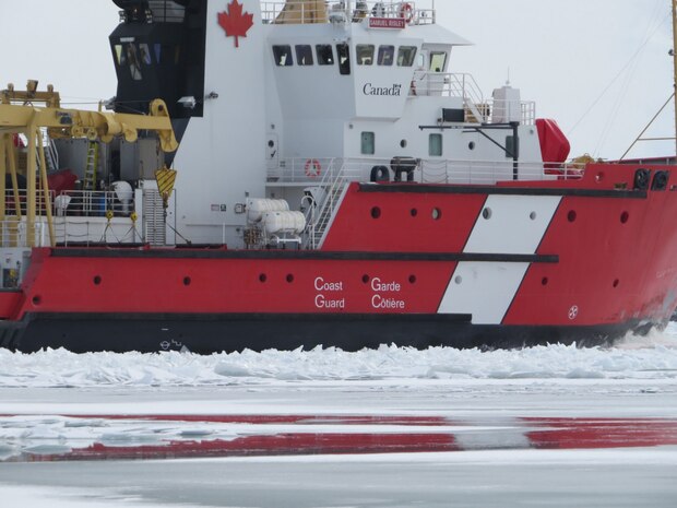 Coast Guard Cutter Morro Bay cuts through ice on February 10, 2021 on the St. Clair River in support of Operation Coal Shovel. Operation Coal Shovel is an annual domestic ice-breaking mission conducted on Lakes Huron, Ontario, Erie, St. Clair, the St. Clair/Detroit river system and St. Lawrence Seaway.

 Courtesy photo by Gary Baumgarten.