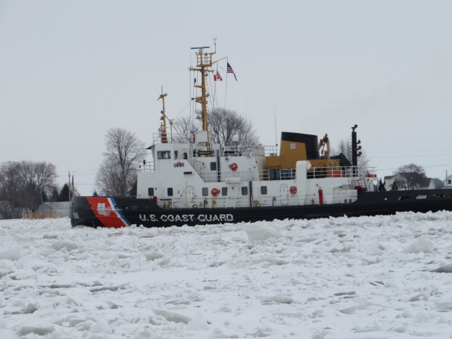 Coast Guard Cutter Morro Bay cuts through ice on February 10, 2021 on the St. Clair River in support of Operation Coal Shovel. Operation Coal Shovel is an annual domestic ice-breaking mission conducted on Lakes Huron, Ontario, Erie, St. Clair, the St. Clair/Detroit river system and St. Lawrence Seaway.

 Courtesy photo by Gary Baumgarten.