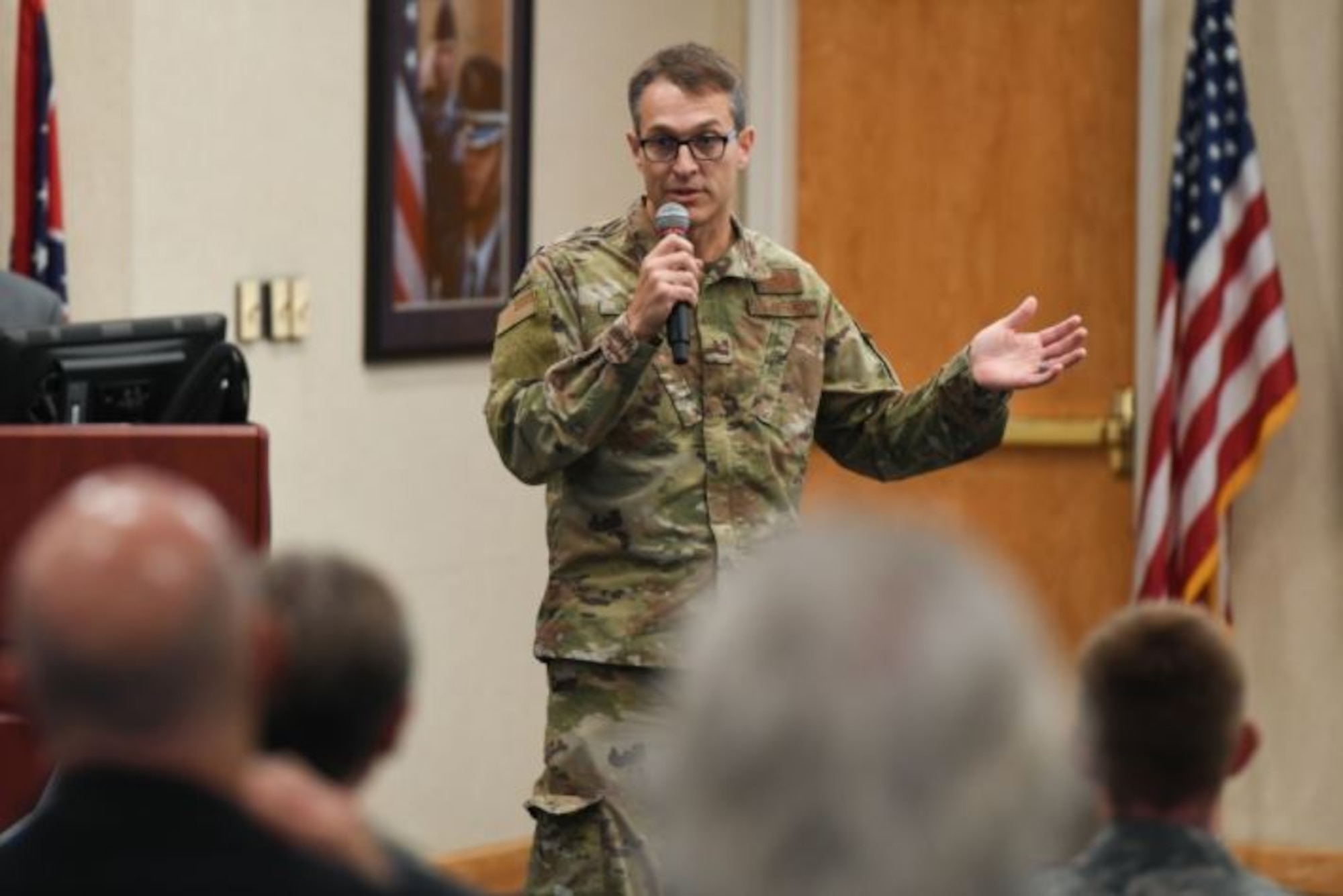 Brig. Gen. Scott Cain, 96th Test Wing commander at Eglin Air Force Base, Fla., addresses attendees at the Hanscom Test Workshop at the conference center at Hanscom Air Force Base, Mass., on Oct. 21, 2019. The 96th Cyberspace Test Group, Detachment 1, will host the now-quarterly workshop virtually March 2 to impart information on test initiatives, share ideas, and enhance relationships between Hanscom’s acquisition community and the test community (U.S. Air Force photo by Mark Herlihy)
