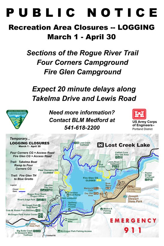 Upcoming logging will temporarily close Four Corners and Fire Glen campgrounds, as well as nearby portions of the Rogue River Trail, Mar. 1 – Apr. 30, 2021 at Lost Creek Lake.