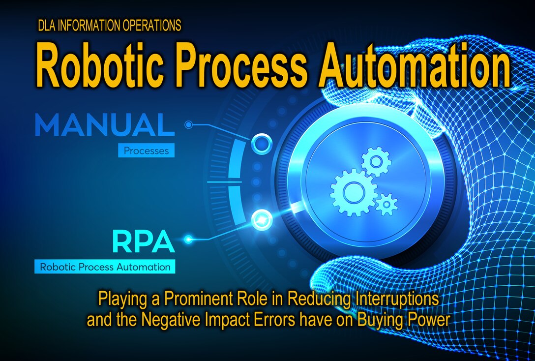 Graphic shows a hand and dial in white and blue tones with the text Robotic Process Automation: Playing a prominent role in reducing interruptions and the negative impact errors have on buying power.