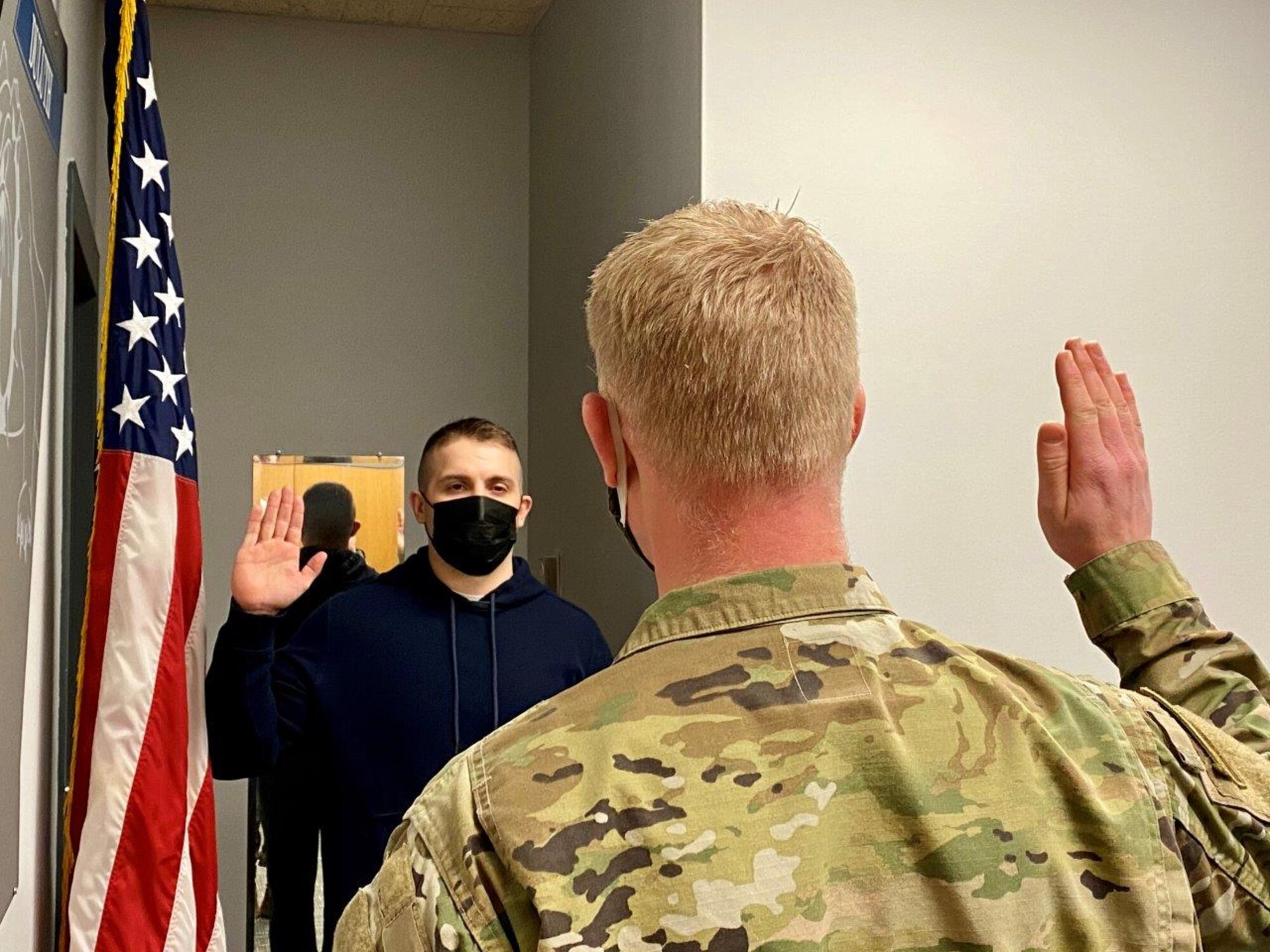 Andy Boso takes the Oath of Enlistment of Feb. 2, 2021.  Boso elected the Aircraft Armament Systems career field.  (U.S. Air National Guard photo by Audra Flanagan