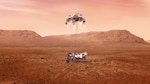 An illustration of NASA’s Perseverance rover landing safely on Mars.