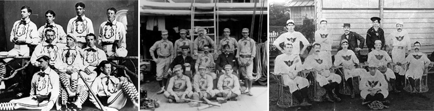 Left: 1873 U.S. Naval Academy Baseball Team, Center: 1880 USS Powhatan Baseball Team, Right: 1896 USS Olympia Baseball Team. Photo courtesy of Gordon Calhoun.