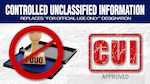 An "FOUO" stamp sits on top of a blue ink pad next to the letters "CUI." Text also reads "Controlled Unclassified Information replaces "For Official Use Only" Designation