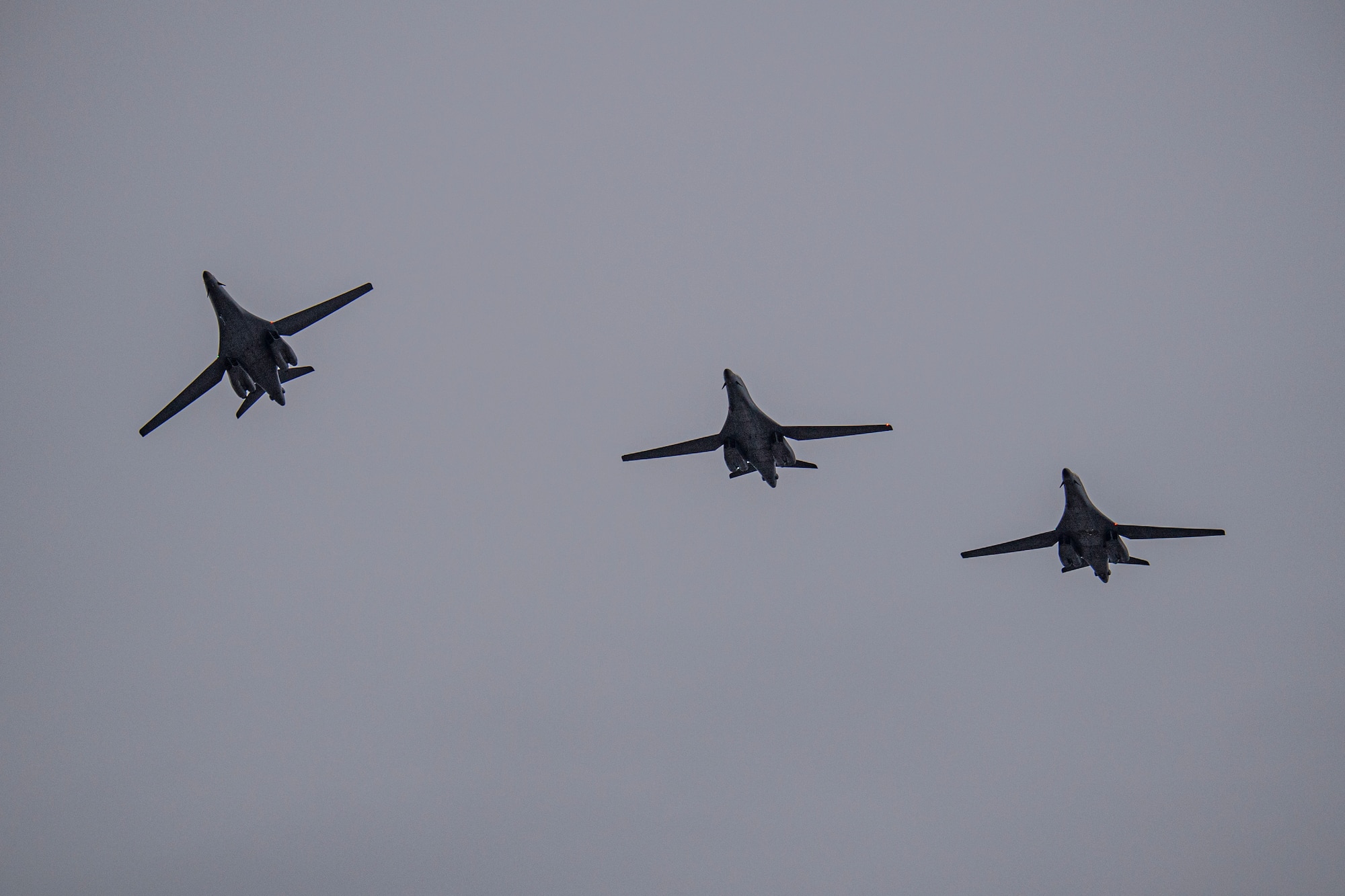 Three B-1B Lancers assigned to the 9th Expeditionary Bomb Squadron fly in formation over Ørland Air Force Station, Norway, in support of a Bomber Task Force deployment, Feb. 22, 2021. The B-1 is a highly-versatile, supersonic, multi-mission weapon system that carries the largest payload of both guided and unguided weapons in the United States Air Force’s inventory. (U.S. Air Force photo by Airman 1st Class Colin Hollowell)