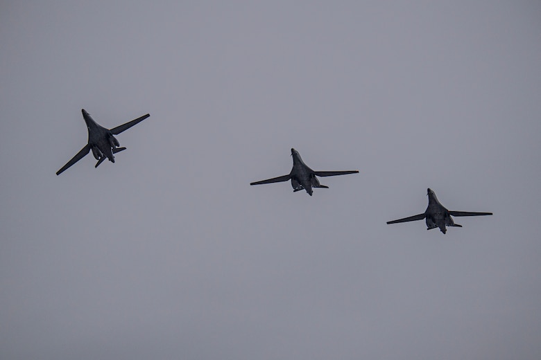 Three B-1B Lancers assigned to the 9th Expeditionary Bomb Squadron fly in formation over Ørland Air Force Station, Norway, in support of a Bomber Task Force deployment, Feb. 22, 2021. The B-1 is a highly-versatile, supersonic, multi-mission weapon system that carries the largest payload of both guided and unguided weapons in the United States Air Force's inventory. (U.S. Air Force photo by Airman 1st Class Colin Hollowell)