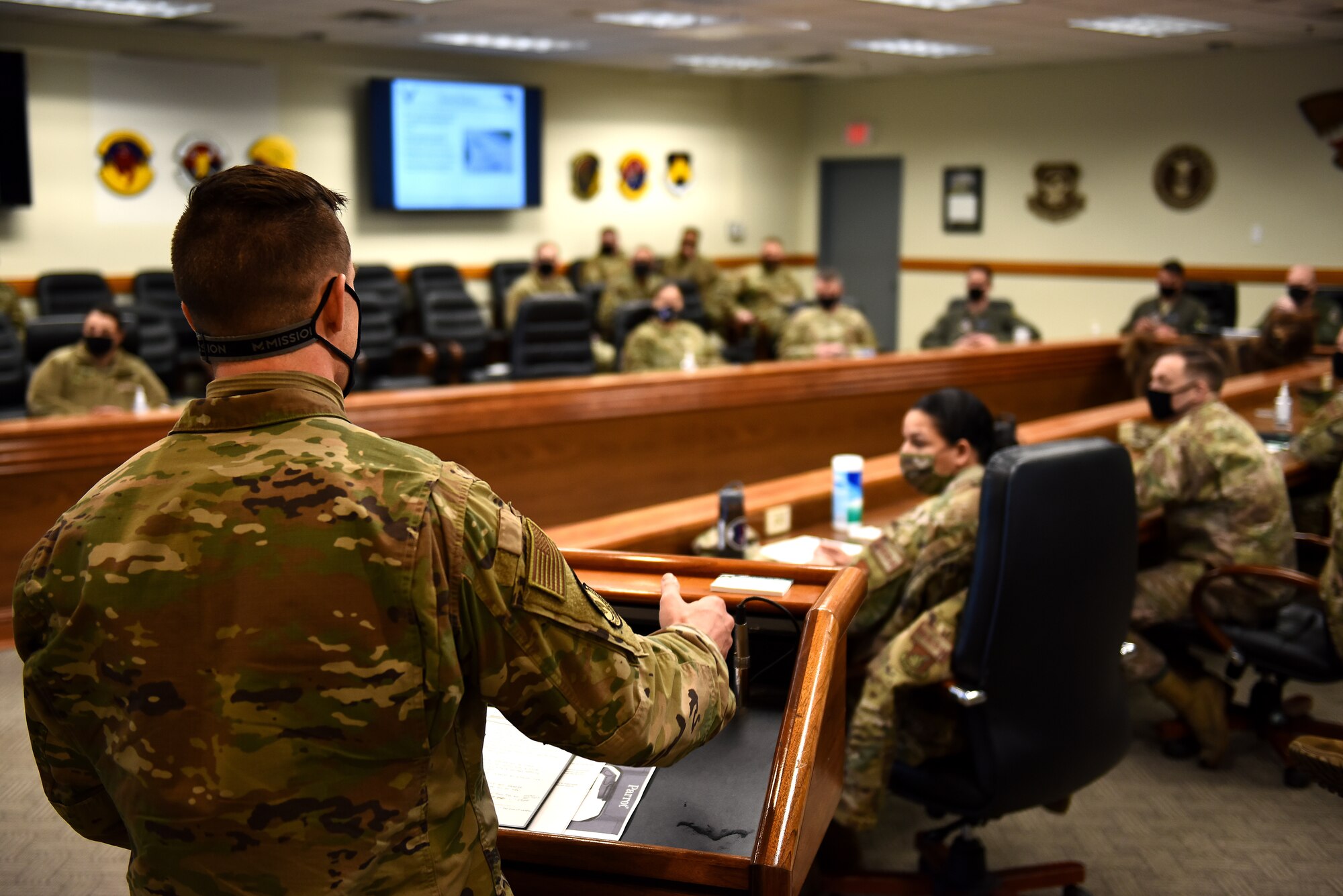 Master Sgt. Devin Long, 8th Civil Engineer Squadron explosive ordnance disposal flight superintendent, pitches thermal recon drones to wing leadership during a Wolf Tank in the 8th Fighter Wing conference room at Kunsan Air Base, Republic of Korea, Feb. 17, 2021. Wolf Tank is based on the TV show “Shark Tank,” and is part of the wing’s Operation BOLO program, which stands for “Be on the Lookout for Opportunity.” Operation BOLO gives Airmen the opportunity to accelerate change and enhance the wing’s ability to accomplish the mission, year-round, with Wolf Tanks held periodically to put ideas into action. (U.S. Air Force photo by Senior Airman Suzie Plotnikov)