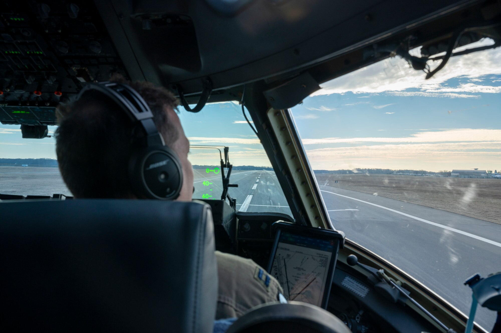 Capt. Christopher Nelis, 326th Airlift Squadron C-17 Globemaster III pilot, lines up a C-17 Globemaster III for takeoff during the Liberty Eagle Readiness Exercise at Dover Air Force Base, Delaware, Feb. 17, 2021. The exercise evaluated Team Dover’s ability to rapidly deploy Airmen, Guardians and equipment with limited notice. (U.S. Air Force photo by Airman First Class Cydney Lee)