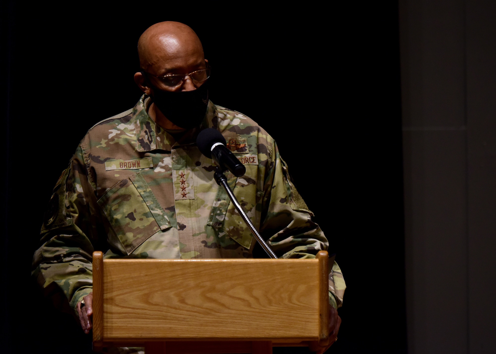 A photo of Air Force Chief of Staff, Gen. Charles Q. Brown, Jr. giving a speech.