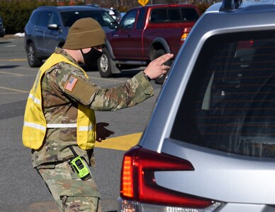 Virginia National Guard Soldiers and Airmen provide logistics and operations support at a COVID-19 vaccine point of distribution hosted by the Blue Ridge Health District Feb. 4, 2021, in Charlottesville, Virginia.