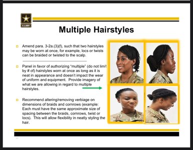 U.S. Army PowerPoint shows the new approved hairstyles under changes to Army Regulation 670-1, effective Feb. 26, 2021. Capt. Whennah Andrews, National Guard Bureau action officer, began a campaign to change the regulation in 2016.