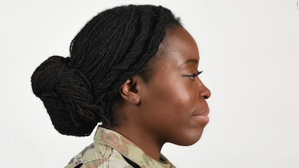 Capt. Whennah Andrews, National Guard Bureau action officer, with hairstyle allowed under changes to Army regulations, effective Feb. 26, 2021. Andrews helped push for the changes.