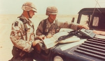 Soldiers operate the small lightweight GPS receivers during Operation Desert Storm in 1991. The receiver, which facilitated GPS navigation in the open desert, along with other space-based capabilities such as missile warning, space-based imagery and satellite communications played a major role in enabling the success of U.S. and coalition forces during 100 hours of sustained combat. (U.S. Army photo)