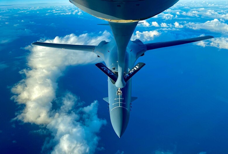 A U.S. Air Force B-1B Lancer aircraft assigned to the 7th Bomb Wing, Dyess Air Force Base, Texas, receives fuel from a KC-135 Stratotanker aircraft assigned to the 100th Air Refueling Wing, Royal Air Force Mildenhall, England, during a Bomber Task Force Europe mission Feb. 22, 2021. The U.S. Air Force is engaged, postured, and ready with credible force to assure, deter, and defend in an increasingly complex security environment. (Courtesy photo by Staff Sgt. Blake Soule)