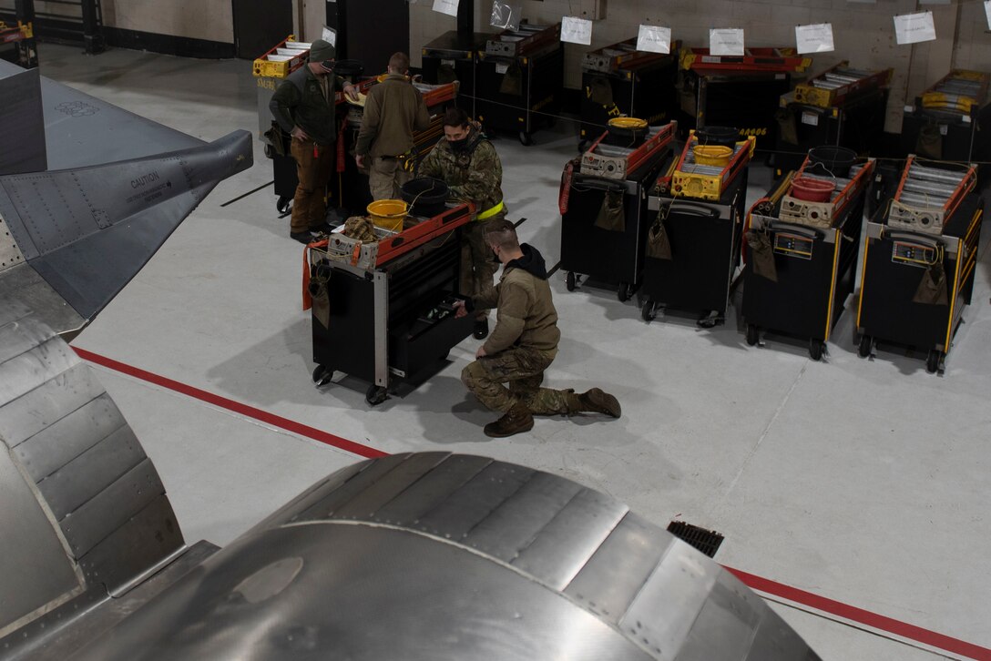 Avionics technicians from the 336th Fighter Squadron prepare tool boxes at Seymour Johnson Air Force Base, North Carolina, Feb. 18, 2021.