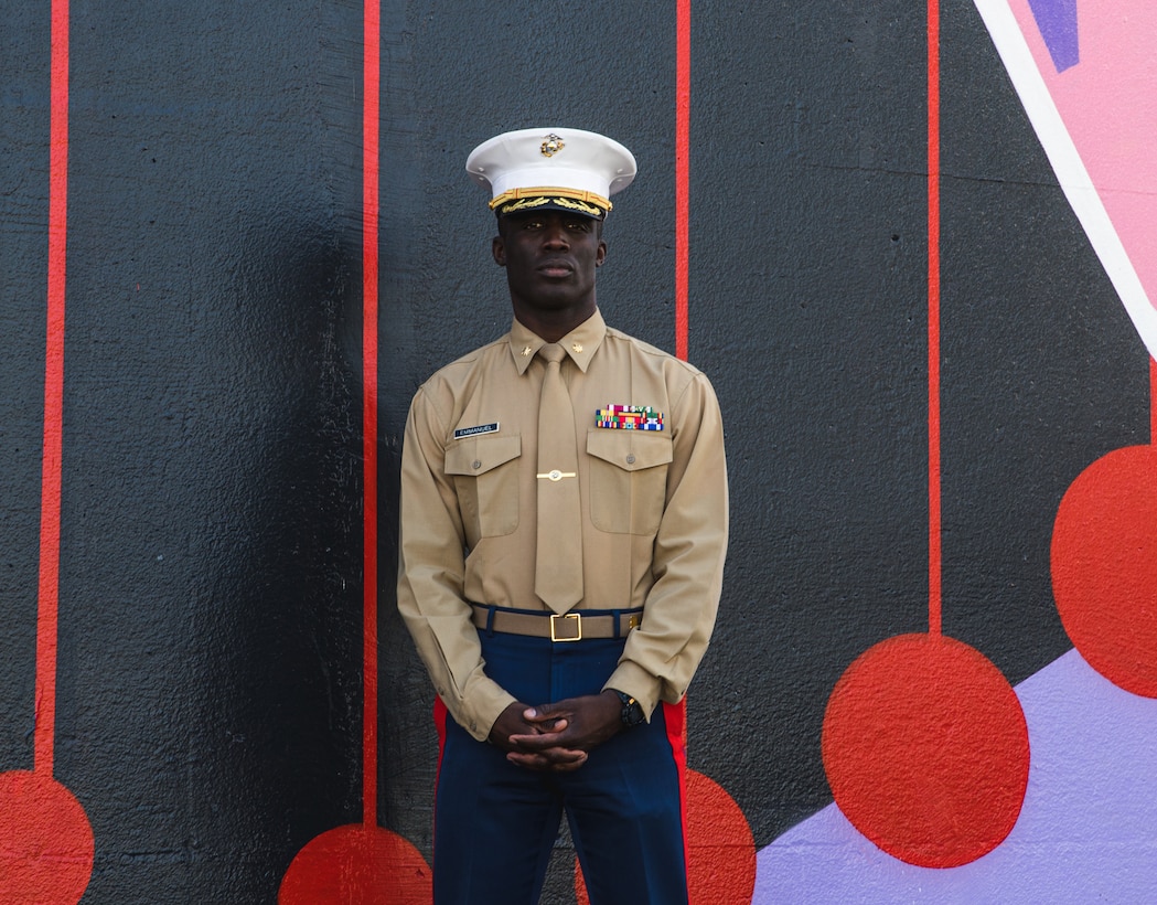 Major Gordon Emmanuel, the commanding officer for Recruiting Station Orange County, poses for a photo in Santa Ana, California on Feb. 21, 2021. Maj. Emmanuel discussed his life story and how he got to where he is today as a United States Marine. (U.S. Marine Corps photo by Sgt. Sarah Ralph)