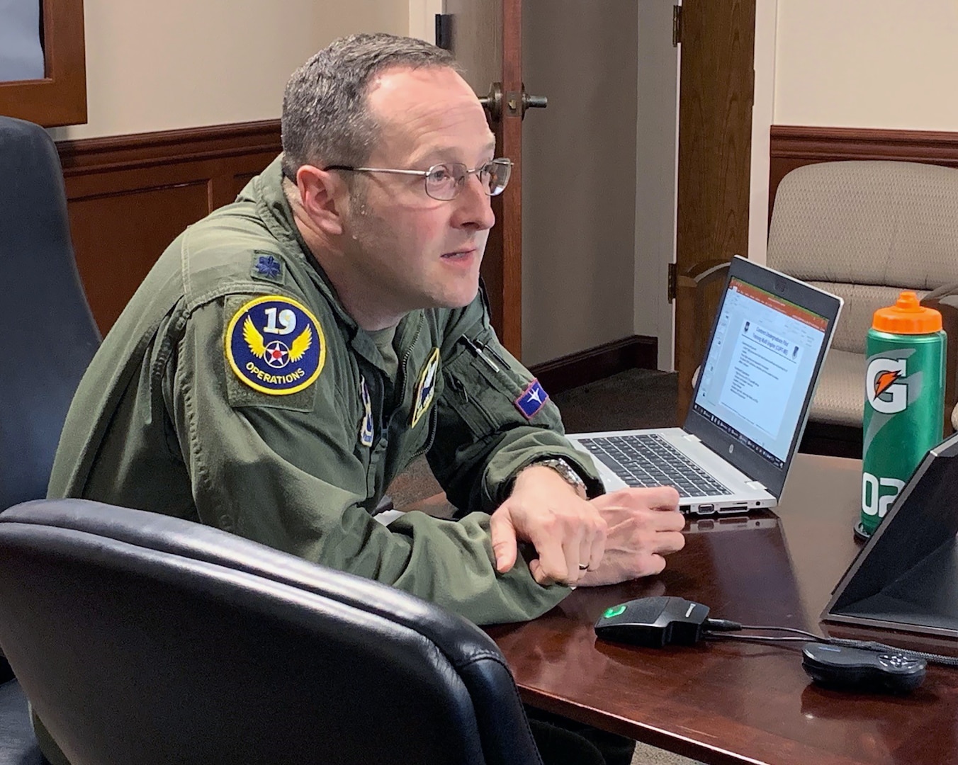 Lt. Col. Gregory Moulton, 19th Air Force deputy chief of Undergraduate Flying Training, facilitates questions from industry during the Flying Training Virtual Industry Day at Joint Base San Antonio-Randolph Feb. 24. This two-day event began with a program overview and described specific requests to address the pilot shortage.