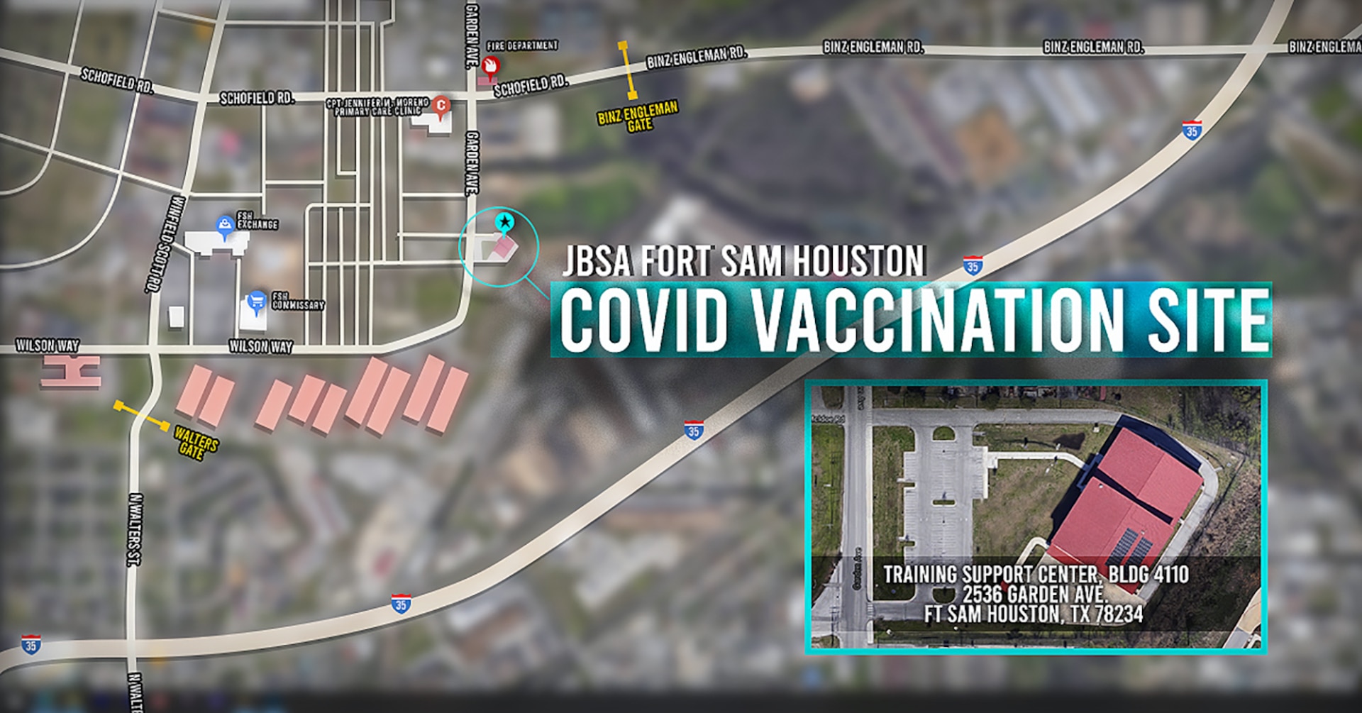 Map showing BAMC's COVID-19 Vaccination Site at JBSA-Fort Sam Houston.