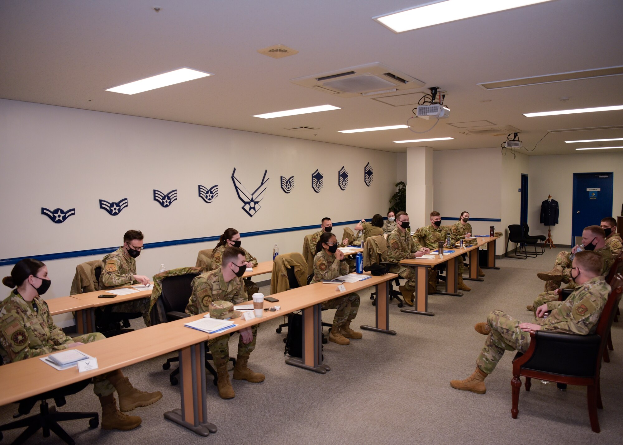 U.S. Air Force Company Grade Officers who attended the First Term Officers Course finished the course with a panel of Majors answering questions about their experiences as officers at Misawa Air Base, Japan, Feb. 19, 2021. The three-day course taught the officers what the Air Force expects of them and provided them the opportunity to network with each other and experienced military members. (U.S. Air Force photo by Airman 1st Class Joao Marcus Costa)