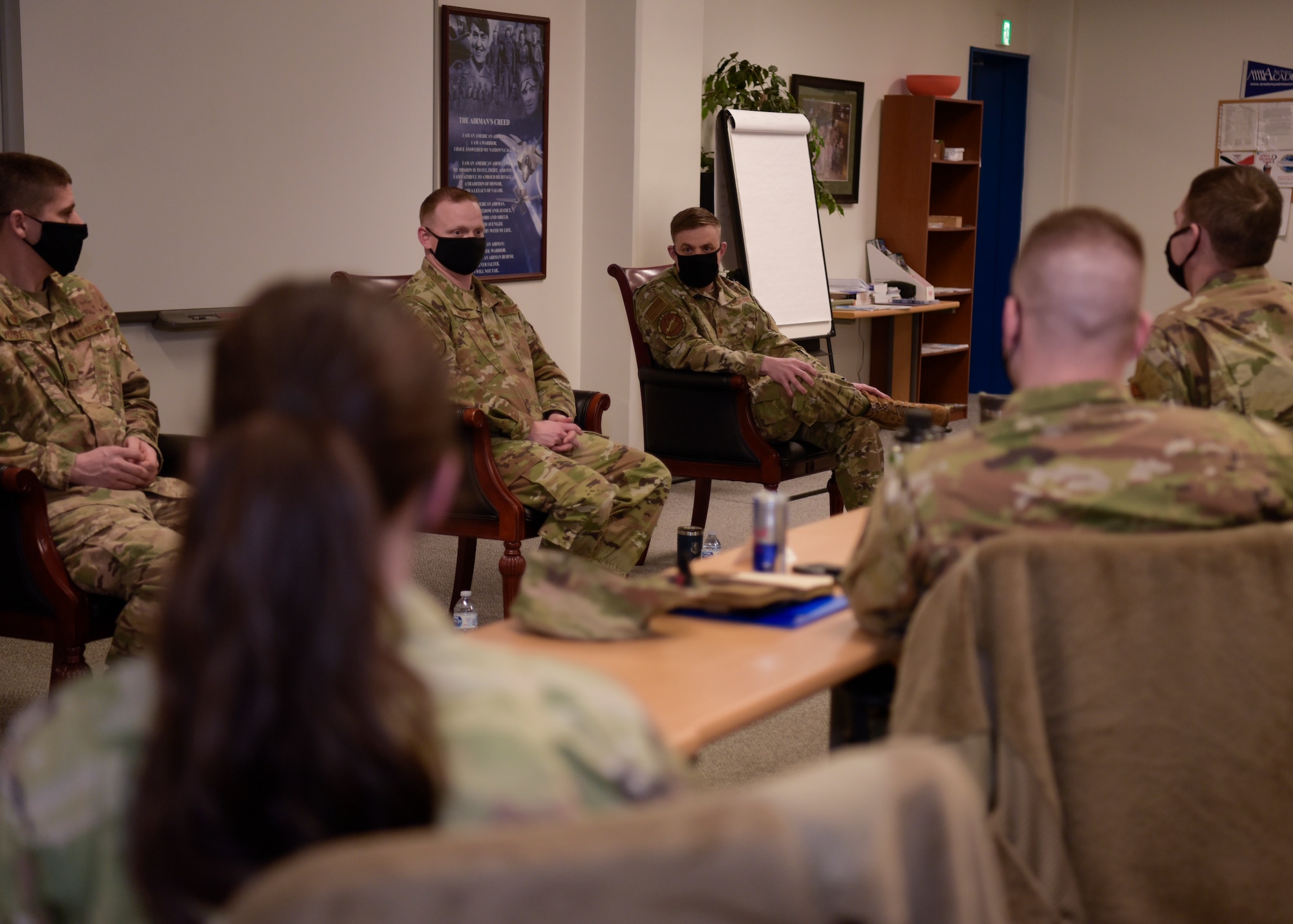 U.S. Air Force Maj. Jordan Siefkes, the 35th Contracting Squadron commander, answers a question during the Field Grade Officer’s panel as a final wrap up for the First Term Officers Course at Misawa Air Base, Japan, Feb. 19, 2021. Eleven Company Grade Officers took the course that taught them how to check the Air Force portal, what resources the base has for them and their Airmen, how to manage their career plans and allowed them to network with seasoned experienced Airmen. (U.S. Air Force photo by Airman 1st Class Joao Marcus Costa)