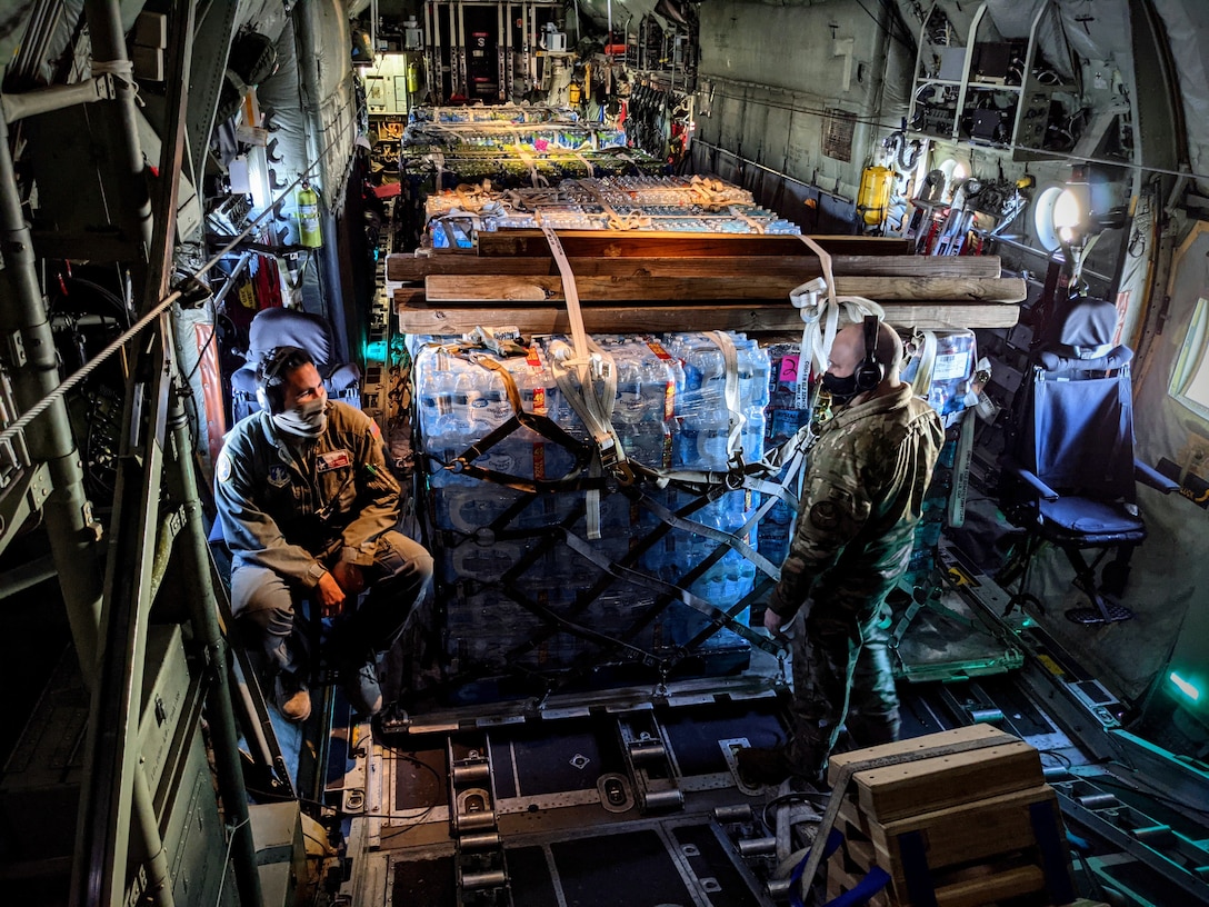 Water pallets loaded on C-130H
