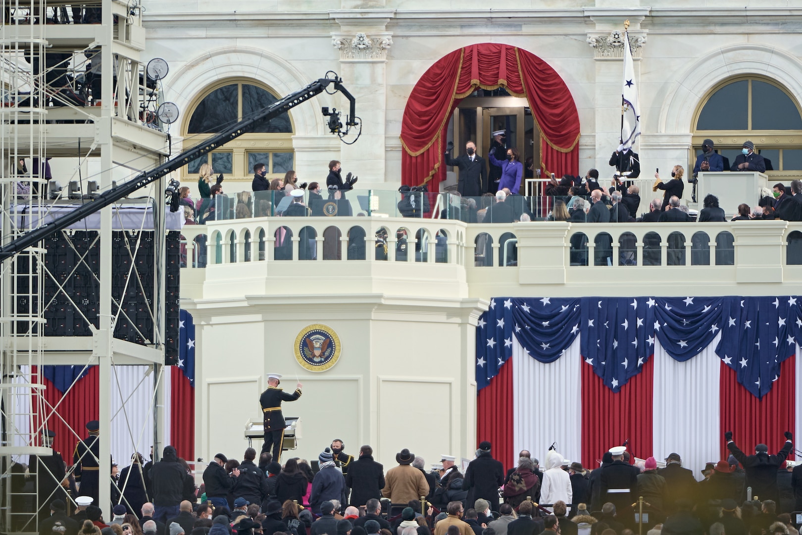 Vice President-elect Kamala Harris enters the inaugural platform at the start of the inauguration ceremony at the U.S. Capitol building