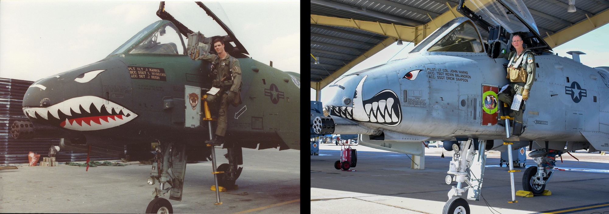 U.S. Air Force 1st Lt. John “Karl” Marks poses with an A-10 Thunderbolt II at King Fahd Air Base, Saudi Arabia, during Operation Desert Storm on February 28, 1991 next to now, Lt. Col. Marks poses with A-10 Thunderbolt II, nearly 30 years later at Whiteman Air Force Base, Mo., Feb. 22 2021.