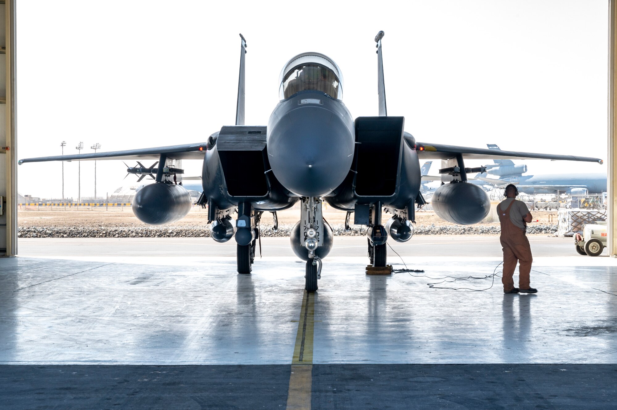 An F-15E Strike Eagle assigned to the 335th Expeditionary Fighter Squadron prepares to depart at Al Dhafra Air Base, United Arab Emirates, Feb. 18, 2021.