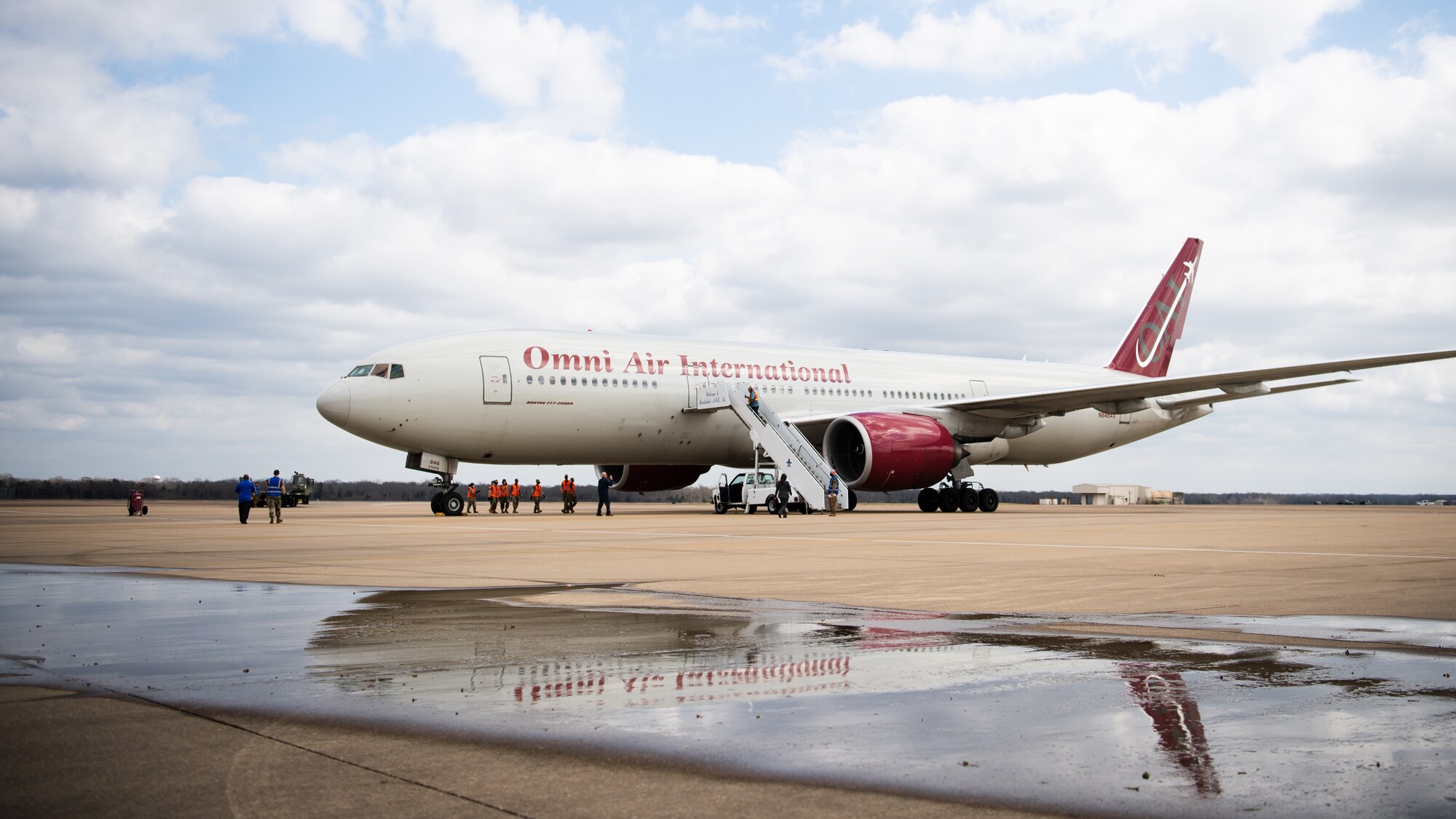 A plane carrying Airmen from the 2nd Bomb Wing returns to Barksdale Air Force Base, La., Feb. 24, 2021, after a Bomber Task Force deployment to Andersen Air Force Base, Guam. Strategic bomber missions contribute to joint force lethality, assure allies and partners, and deter aggression in the Indo-Pacific. (U.S. Air Force photo by Airman 1st Class Jacob B. Wrightsman)