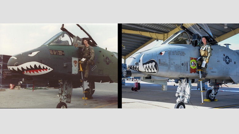 Then, U.S. Air Force 1st Lt. John “Karl” Marks poses with an A-10 Thunderbolt II at King Fahd Air Base, Saudi Arabia, during Operation Desert Storm on February 28, 1991, next to now, Lt. Col. Marks posing with the A-10 nearly 30 years later at Whiteman Air Force Base, Mo., Feb. 22 2021. (U.S. Air Force courtesy photos provided by Lt. Col. Marks)