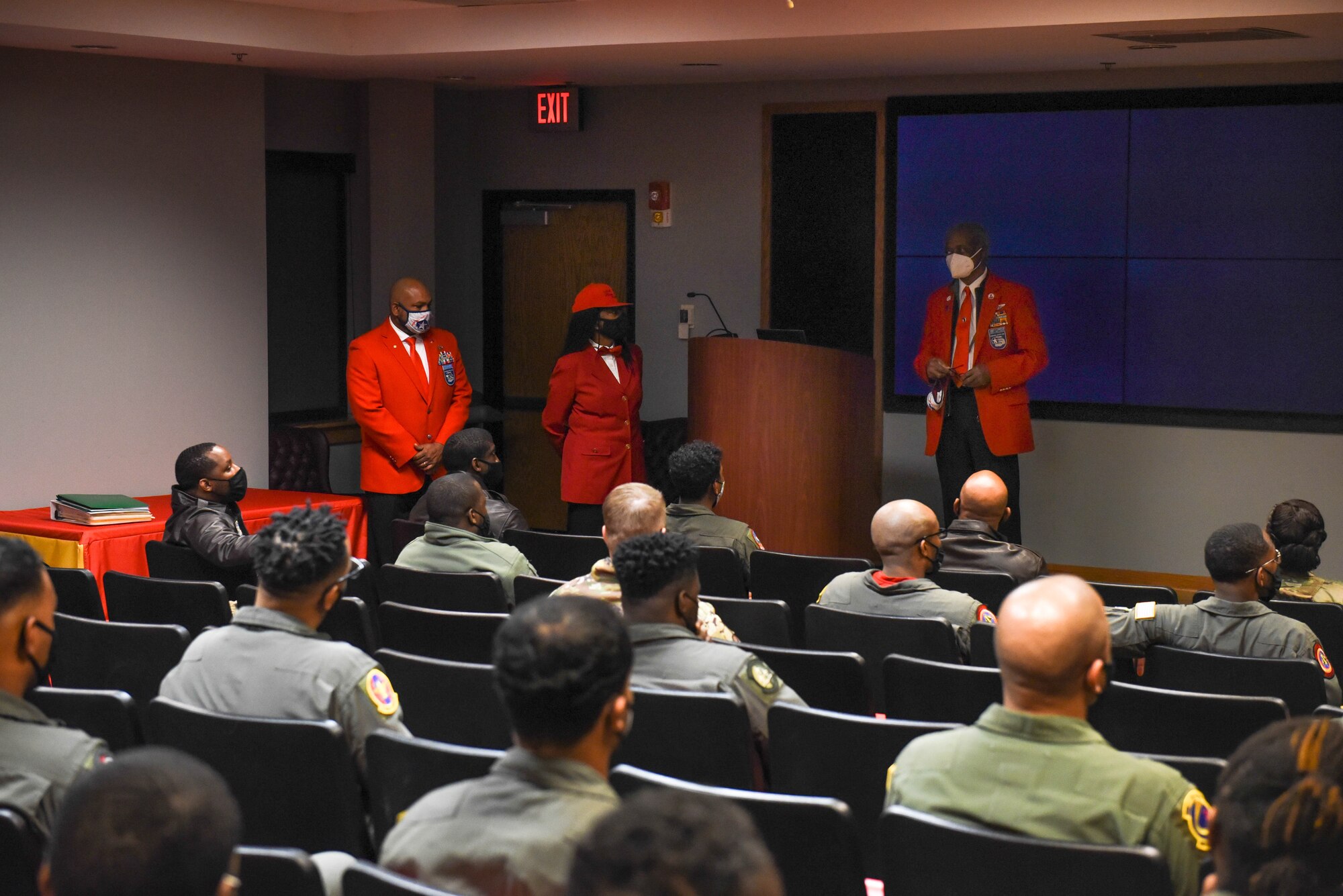 Members of Tuskegee Airmen Inc. speak to a room of black enlisted Airmen on Joint Base Charleston, S.C., Feb. 19, 2021. The Tuskegee Airmen were invited to an event hosted at Joint Base Charleston honoring the contributions and heritage of black Airmen. (U.S. Air Force photo by Senior Airman Mikayla Heineck)
