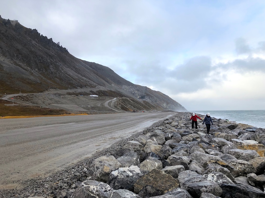 Julie Mages, deputy base civil engineer at the 611th Civil Engineer Squadron, and Lauren Oliver, hydraulic engineer at the U.S. Army Corps of Engineers – Alaska District, assess the seawall at Cape Lisburne on Sep. 30, 2019.