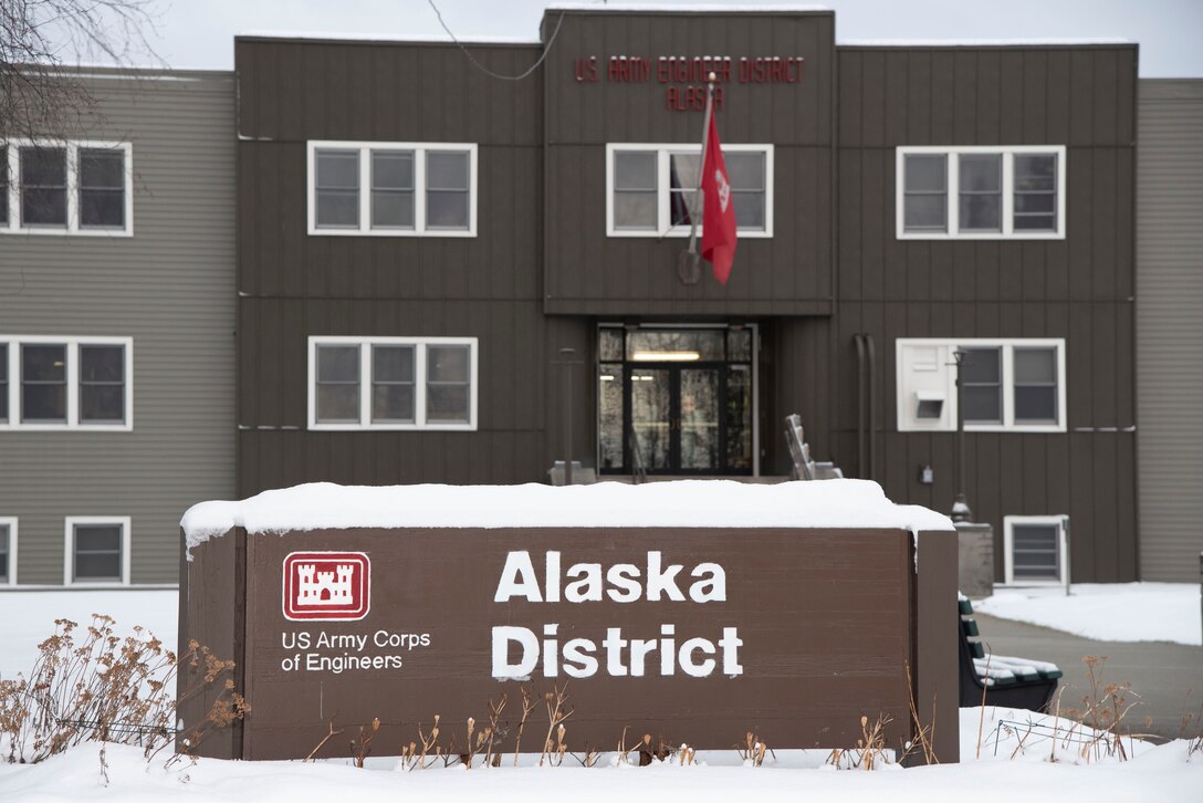 Photographed with a snowy backdrop, the U.S. Army Corps of Engineers - Alaska District headquarters is located on Joint Base Elmendorf-Richardson.