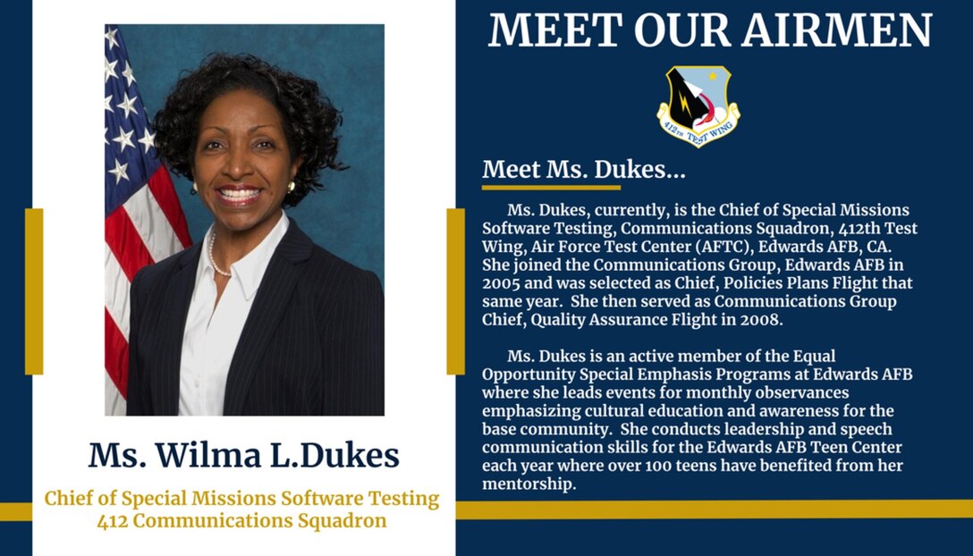 Black History Month Meet our Airmen: Wilma Dukes. (Photo courtesy of Edwards AFB Special Emphasis Programs)