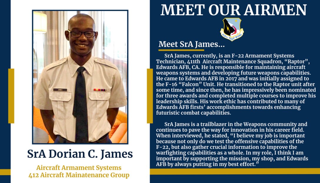 Black History Month Meet Our Airmen: Senior Airman Dorian James. (Photo courtesy of Edwards AFB Special Emphasis Programs)