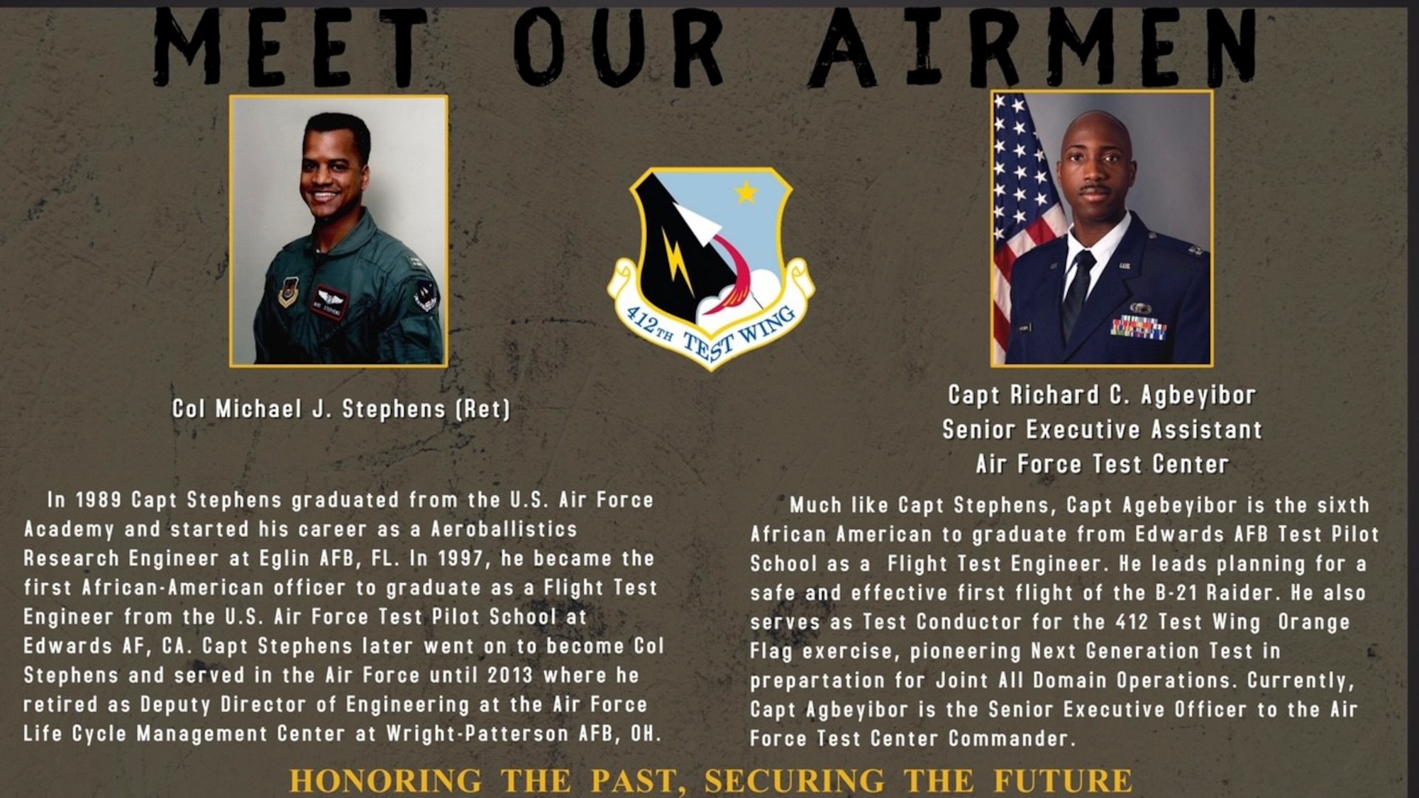 Black History Month Meet our Airmen: Col. (Ret.) Michael Stephens and Capt. Richard Agbeyibor. (Photo courtesy of Edwards AFB Special Emphasis Programs)