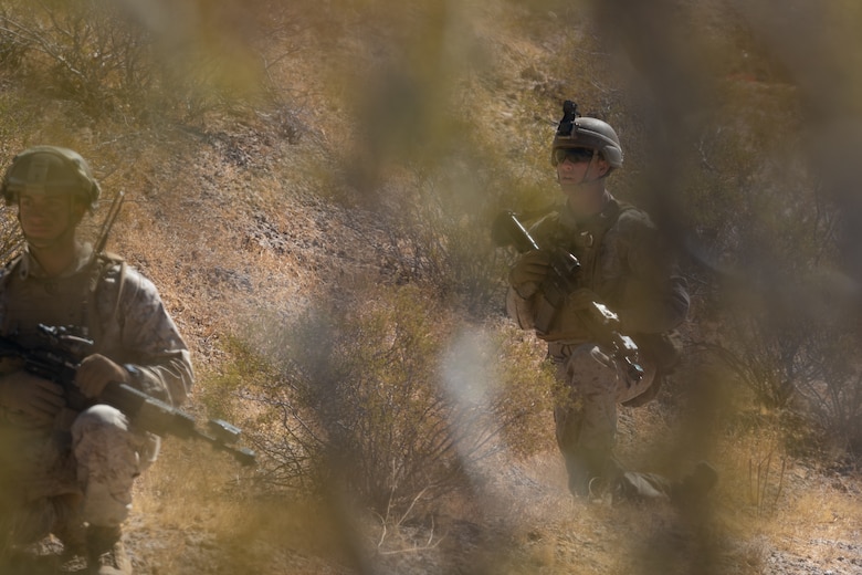 A Marine with 2nd Battalion, 3rd Marines, takes a knee while pausing during a patrol at the Marine Corps Air Ground Combat Center, Twentynine Palms, on February 18, 2021. Marines used Marine Warfighting Exercise to strengthen their skills and tactics for fighting a near peer adversary. (U.S. Marine Corps photo by Lance Cpl. Andrew R. Bray)