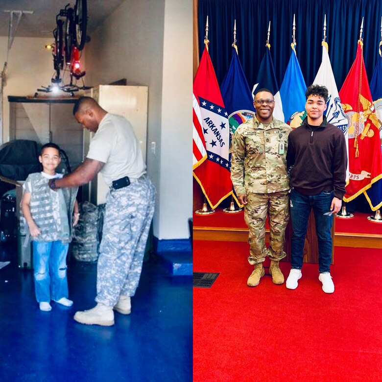 Prior to becoming an officer, 2nd Lt. Bennie Brown served for years as an enlisted member of the Oklahoma National Guard. On the left, he shows his son the type of body armor he will be wearing on an upcoming deployment. On the right, he and his son pose together years later when his son enlisted in the Oklahoma National Guard. Brown is the oldest African American officer and one of the oldest officers ever to graduate the engineer officer course at Fort Leonard Wood, Missouri. (photo illustration provided by 2nd Lt. Bennie Brown)
