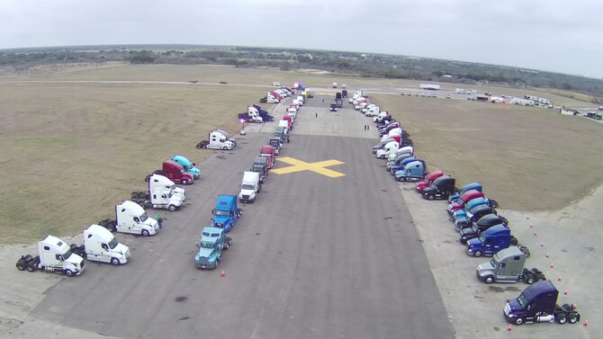 Drone photos show Seguin Auxiliary Airfield as a resource staging area on Feb. 24. Through the collaborative efforts of Texas A&M Forest Service, Texas Department of Emergency Management, and the Federal Emergency Management Agency, 202 trucks of water, for a total of 3,434 pallets or 137,360 cases of water, have been distributed from the Airfield thus far.