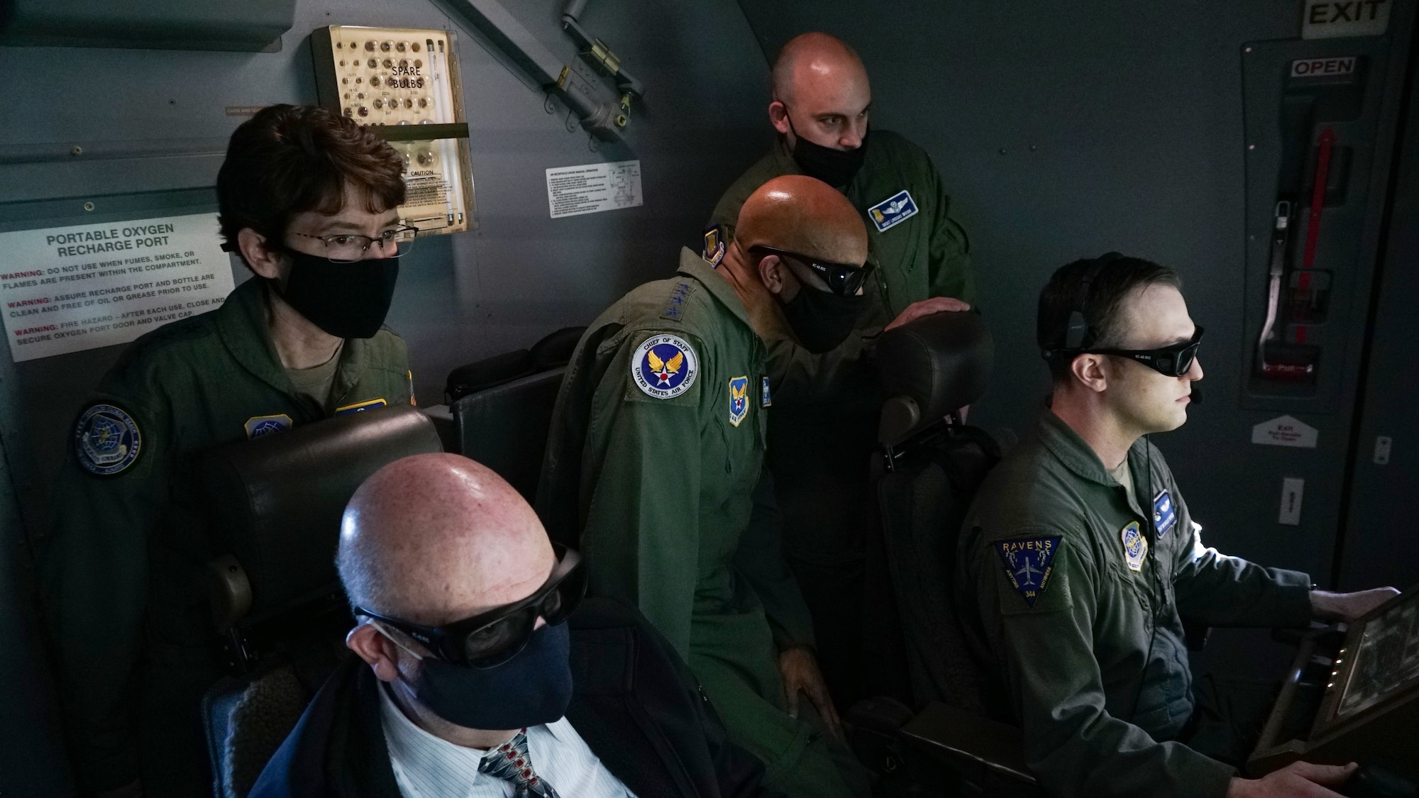 U.S. Air Force Chief of Staff Gen. Charles Q. Brown, Jr., and Gen. Jacqueline Van Ovost, commander of Air Mobility Command, observe aerial refueling processes and capabilities of the KC-46A Pegasus during an operational survey out of Joint Base Andrews, Md., Feb. 22, 2021. At full operational capability, the KC-46A will be able to provide next generation aerial refueling support to Air Force, Navy, Marine Corps and partner-nation receivers. (U.S. Air Force photo by Tech. Sgt. Chris Drzazgowski)